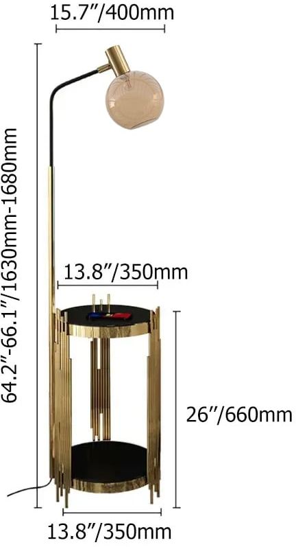 HMR Modern Floor Lamp End Table with Glass Shade, Wireless Charger & USB Port - Gold/Black