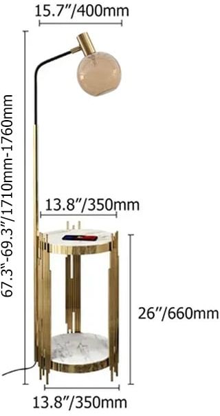 HMR Modern Floor Lamp End Table with Glass Shade, Wireless Charger & USB Port - Gold/White