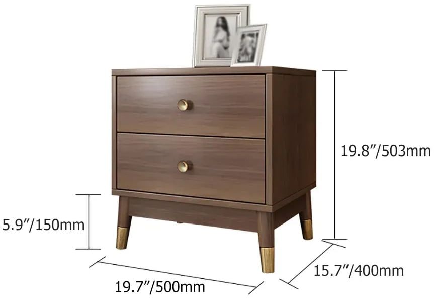 HMR - Ultic Walnut Nightstand 2-Drawer Chest Low Bedside Table with Sotrage