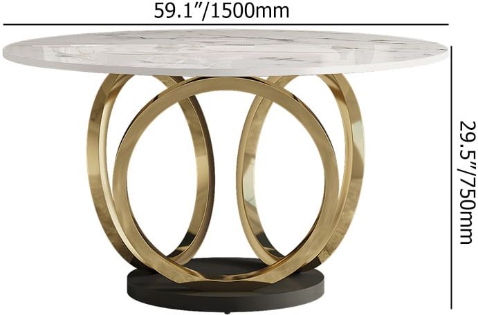 HMR - 59.1" Modern Round Sintered Stone Dining Table White & Gold Seats 4-6 People