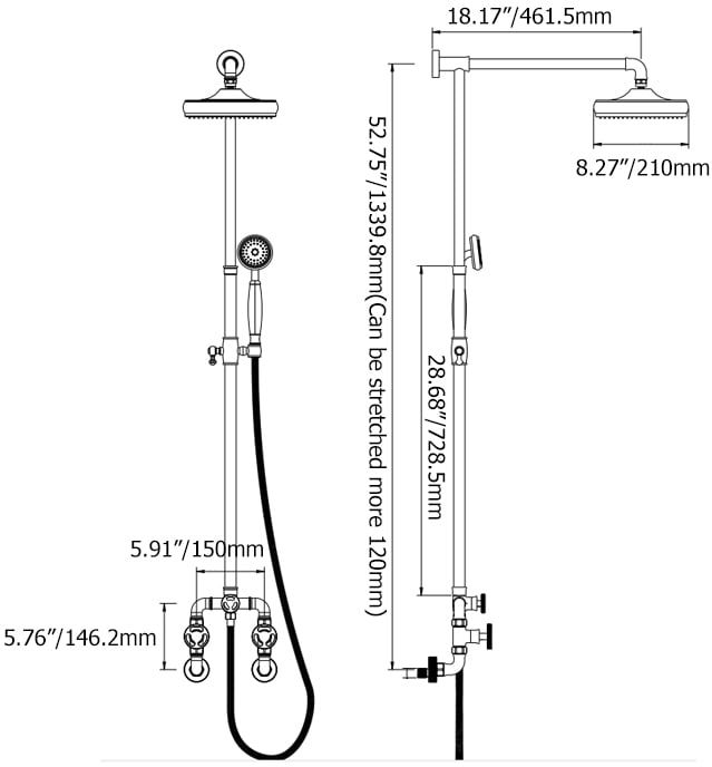 HMR - Industrial Style Wall-Mounted Shower System 2-function in Black