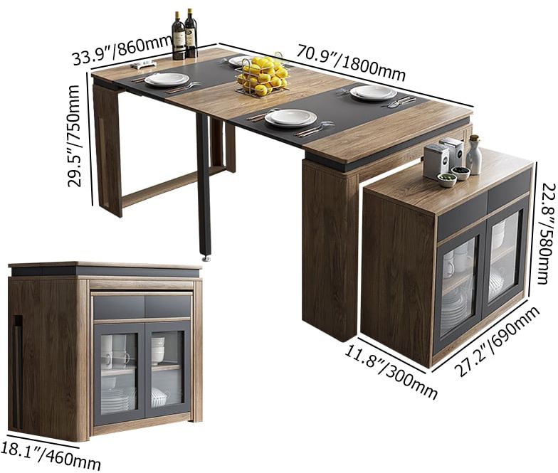 HMR 70.9" Rectangle Folding Wood Dining Table with Sideboard (Seats 2-4 People) - Walnut/Gray