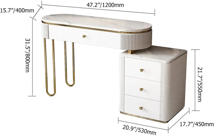 HMR - Oboval Modern Makeup Vanity Table with Side Cabinet 4 Drawers & Faux Marble Top in White