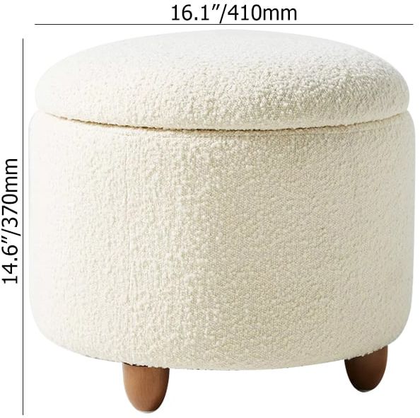 HMR - Modern White Boucle Vanity Stool with Lifted Top Storage Round Ottoman with Walnut Legs