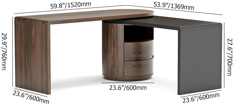 HMR 59.8" Modern L-Shaped Rotatable Executive Office Desk with Cabinet & 2 Drawers - Black/Walnut