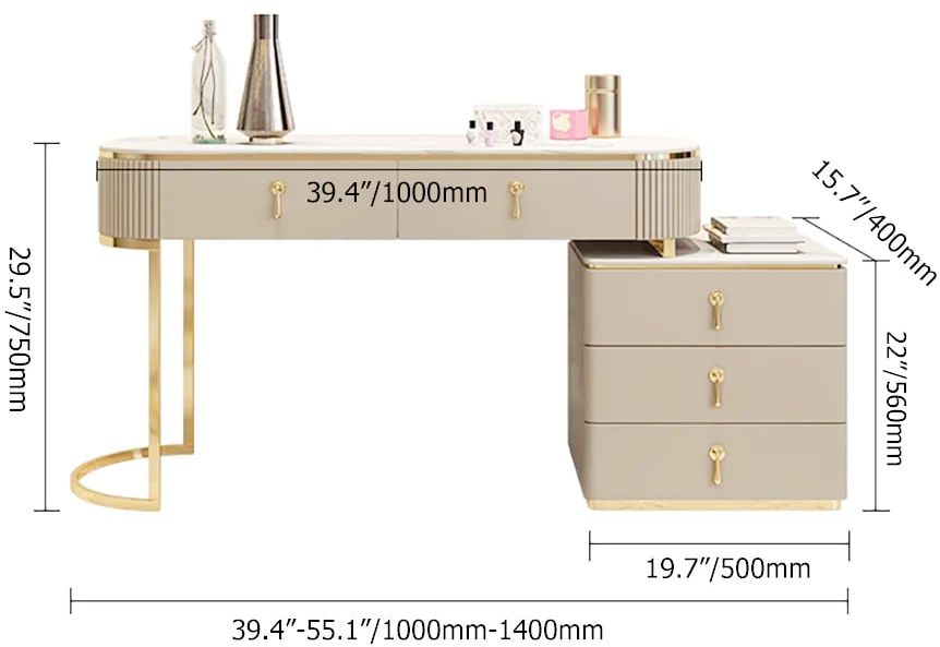HMR - Nordic Makeup Vanity Extendable with 5-Drawer Dressing Table with Stone Top in Champagne