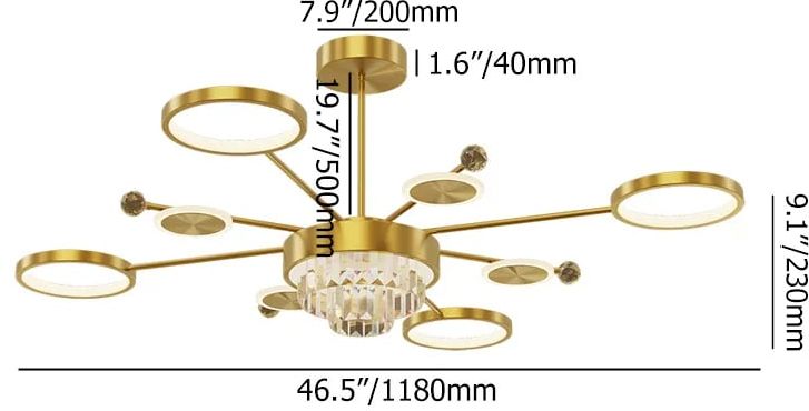HMR - Gold LED Chandelier 9-Light Sputnik Ceiling Light with Crystal Accents