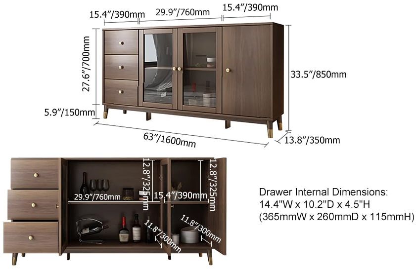 HMR - Ultic Modern Rectangle Sideboard Buffet with Ample Storages & Doors in Walnut