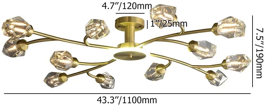 HMR - Kris Brass 12-Light Sputnik Crystal Semi-Flush Mount Light for Living Room