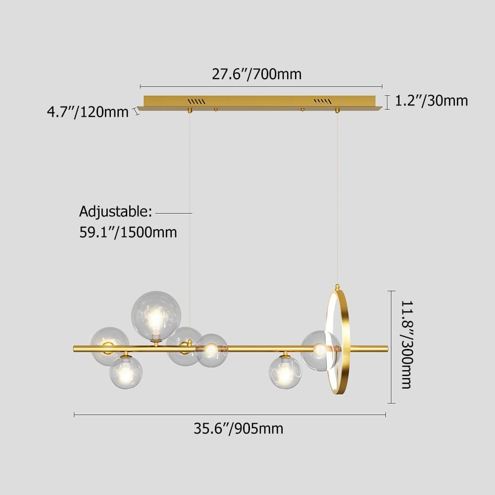 HMR Bubi Modern Linear Kitchen Island Light with Glass Globe Shade - Gold, 7-Light