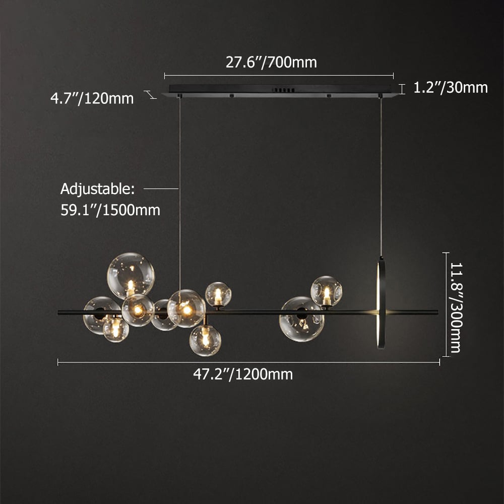 HMR Bubi Modern Linear Kitchen Island Light with Glass Globe Shade - Black, 10-Light