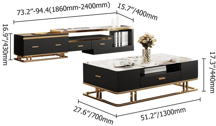 HMR - Stonesk Modern TV Stand & Coffee Table Set for 100" TV in Black with Drawers
