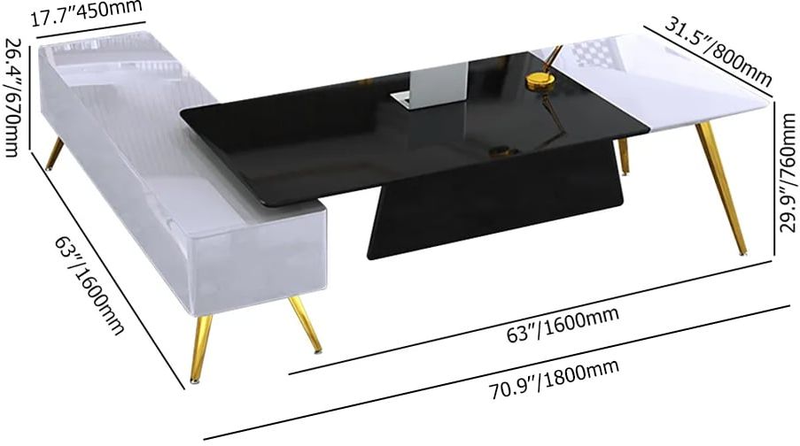 HMR L-Shaped Modern Corner Executive Desk with Storage in White & Gold & Black - Right Hand