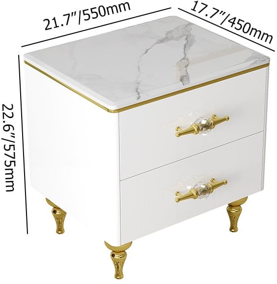 HMR - Chift Small Marble Top End Table Modern White Side Table with 2 Drawers Nightstand