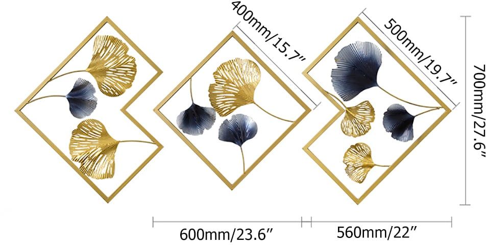 HMR - 3 Pieces Ginkgo Leaves Wall Decor with Geometric Frame in Blue and Gold, Metal