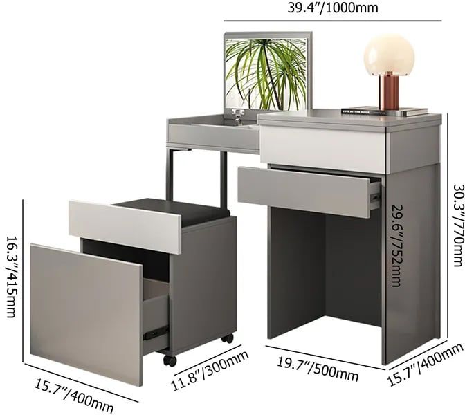 HMR - Gray Makeup Vanity with Mirror Foldable Dressing Table with Stool & Hidden Drawer
