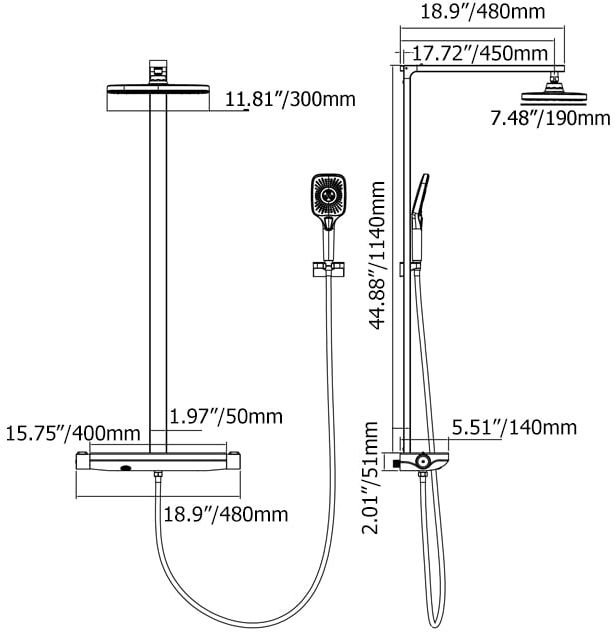 HMR - Black Exposed Rainfall Shower System with Handshower & Stone Rack Solid Brass