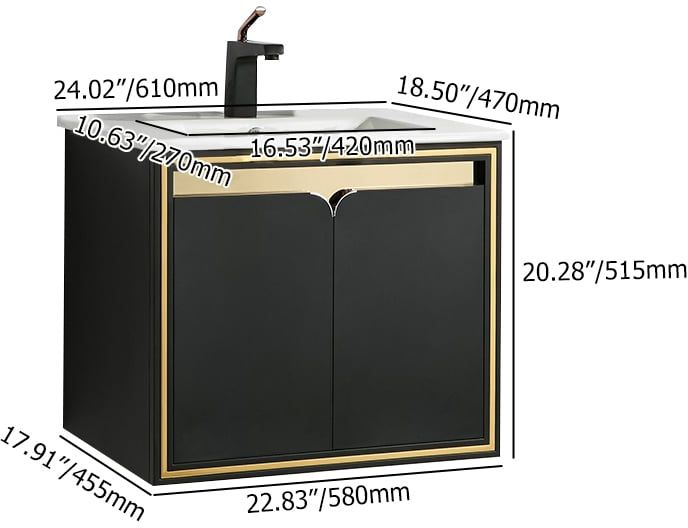 HMR - 24" Floating Bathroom Vanity Set Ceramics Single Sink with Drain in Black & Gold