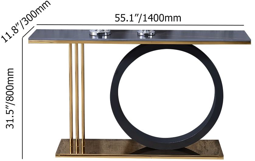HMR - 55" Post Modern Black Geometry Console Table Sintered Stone Top Stainless Steel Frame