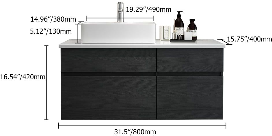 HMR Modern Floating Bathroom Vanity Set with Faux Marble Top & Double Ceramic with Vessel Sink - Black, 31.5"