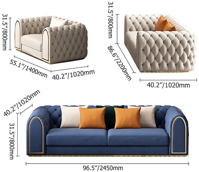 HMR - 3-Piece Blue & Beige Luxury Velvet Upholstered Chesterfield Sofa Living Room Set