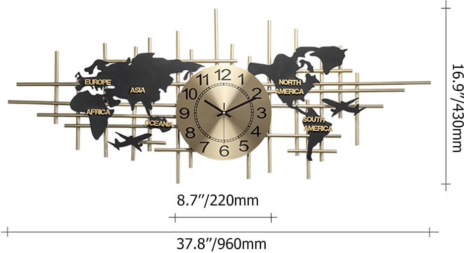 HMR - 38" Modern Metal Large Map Wall Clock Decor Creative Silent Clocks Art for Living Room
