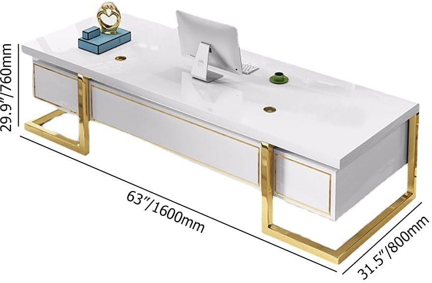 HMR Holf Modern Rectangular Executive Office Desk with 4 Drawers - White/Gold, 63.0"