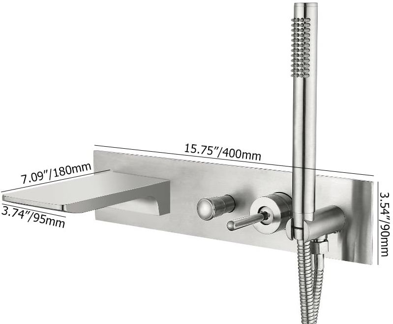 HMR - Modern Waterfall Tub Filler Wall Mounted Bathtub Faucet with Handshower Brushed Nickel