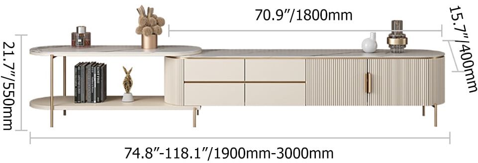 HMR - Mytures Off White Oval Retractable Sintered Stone TV Stand Media Console with 4 Drawers