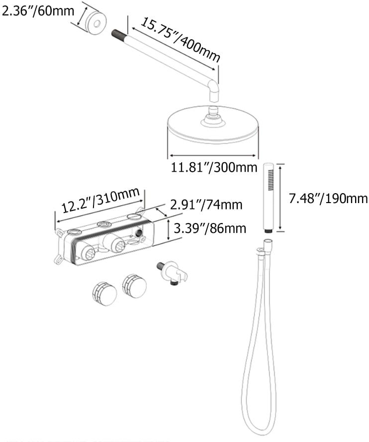 HMR - 12" Wall-Mounted Rain Shower System with Hand Shower Brushed Gold