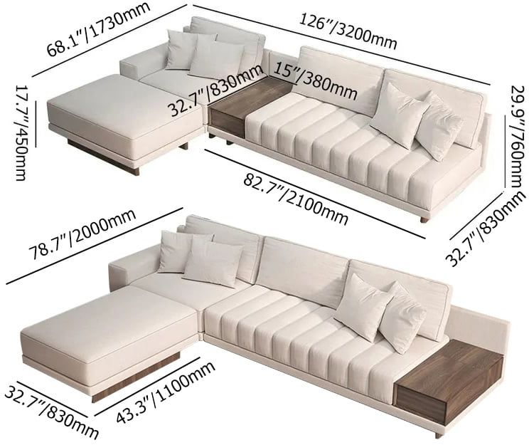 HMR 126" L-Shaped Modular Sectional with Chaise & Ottoman - Off-White, Linen