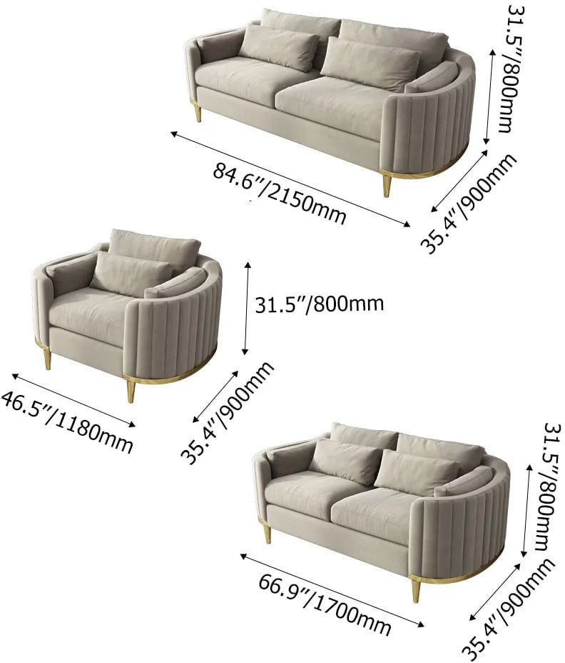 HMR - Modern Living Room Sets Gray Velvet Upholstered Chair & Loveseat & Sofa 3-Pieces