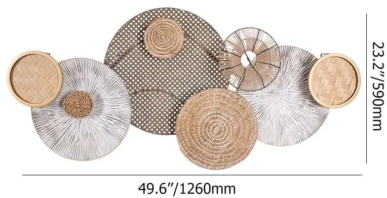 HMR - 49.6" Japandi Round Woven Rattan Large Wall Decor Overlapping Wooden Art for Living Room