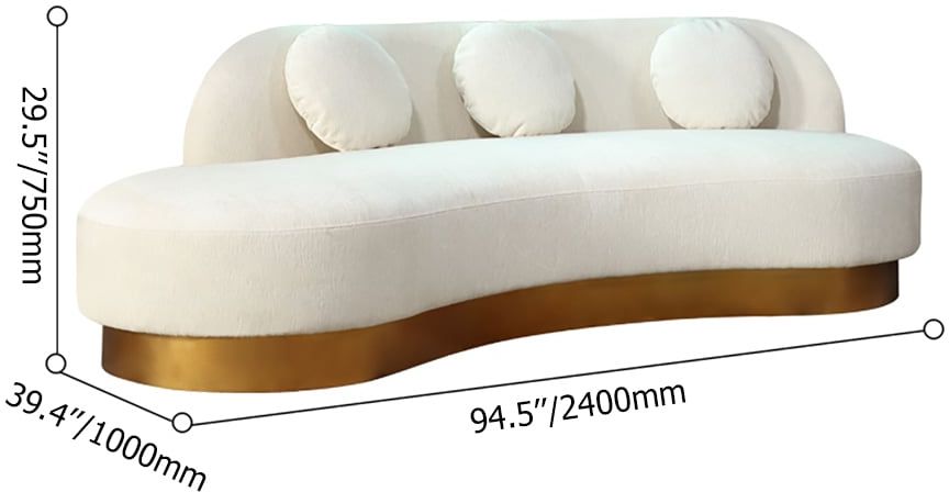 HMR - Modern White & Gold Velvet Curved Sofa for 3 Seaters with Pillows & Stainless Steel Base