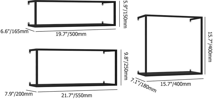 HMR Modern 6-Pieces Wall-Mounted Shelving Floating Storage Shelves in Metal - Black