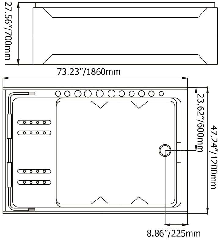 HMR 73'' Double Bathtub with Massage & Ambient Lighting - White, Heated: No