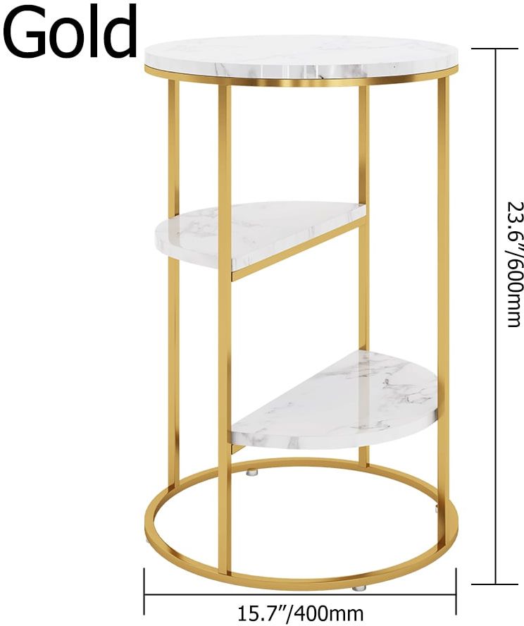 HMR - 3-Tiered End Table with Shelf Marble Top and Metal Frame in White and Gold