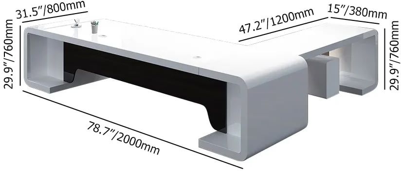 HMR L-Shaped Modern Executive Desk with Drawers - White/Black, Left Hand, 78.7"