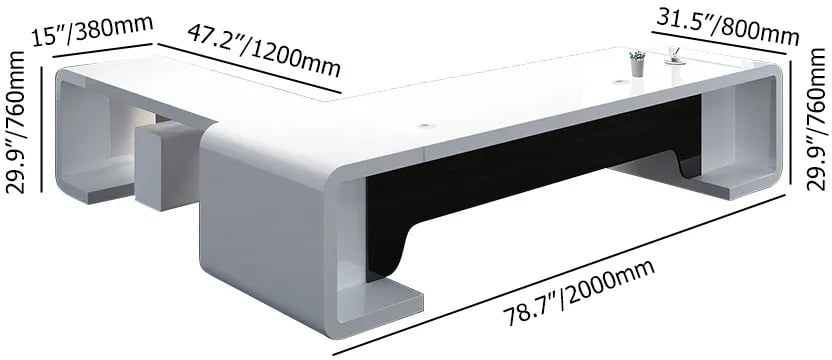 HMR L-Shaped Modern Executive Desk with Drawers - White/Black, Right Hand, 78.7"