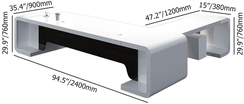 HMR L-Shaped Modern Executive Desk with Drawers - White/Black, Left Hand, 94.5"