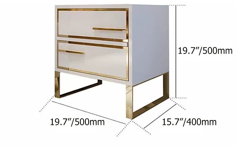 HMR - Lacquered 2-Drawer Nightstand with Golden Stainless Steel Legs in White