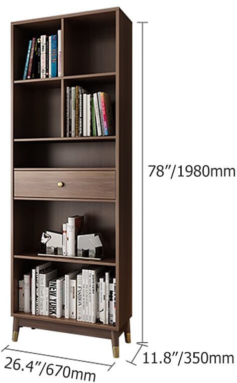 HMR Ultic Modern Walnut Bookshelf Bookcase with Metal Frame and Drawer - 78"