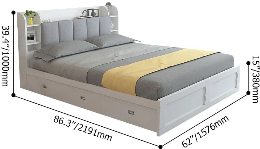 HMR - Modern White Storage Queen Bed Low Profile Queen Bed with 3 Drawers