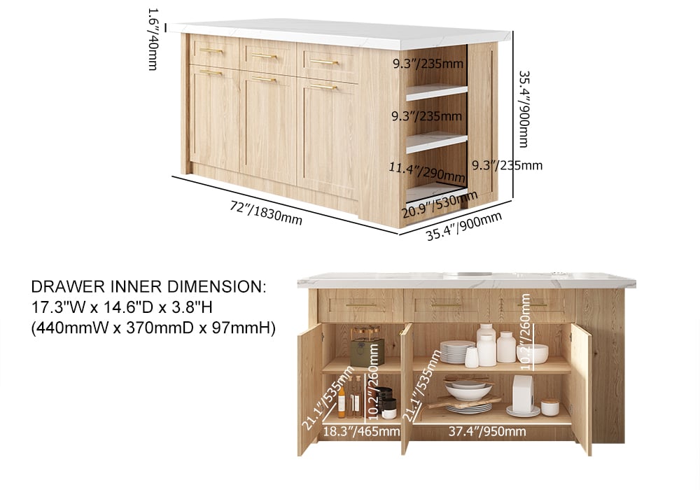 HMR 72" Modern Style Laminate Kitchen Islands with Multi-Storage - Natural, Engineered Wood