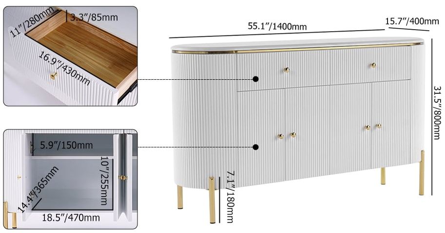 HMR - Yelly 55.1" Modern Marble Top Buffet & Sideboard Doors & Drawers & Shelves