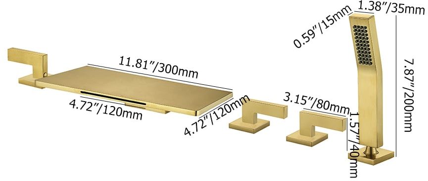 HMR - Modern Waterfall Bathtub Faucet Deck Mounted Tub Filler with Handshower in Brushed Gold