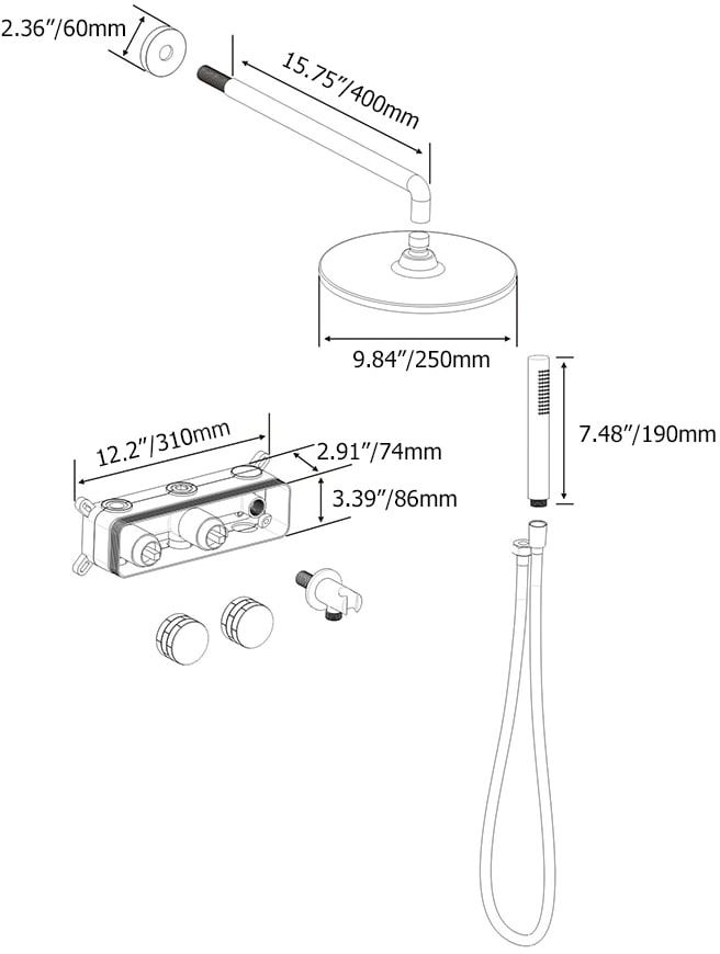 HMR - 10" Wall-Mounted Round Black Shower System 2-Function with Hand Shower