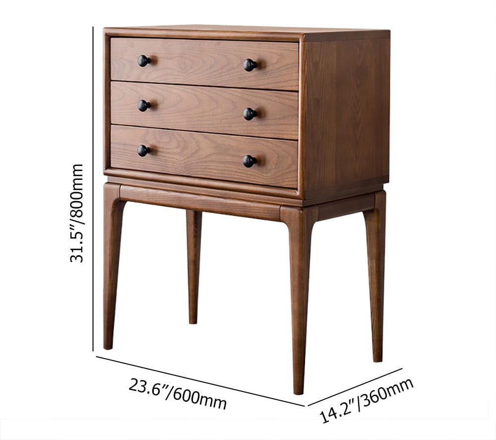 HMR - Tanic Mid Century Modern Chest Cabinet with Storage 3 Drawers of Ash Wood in Walnut
