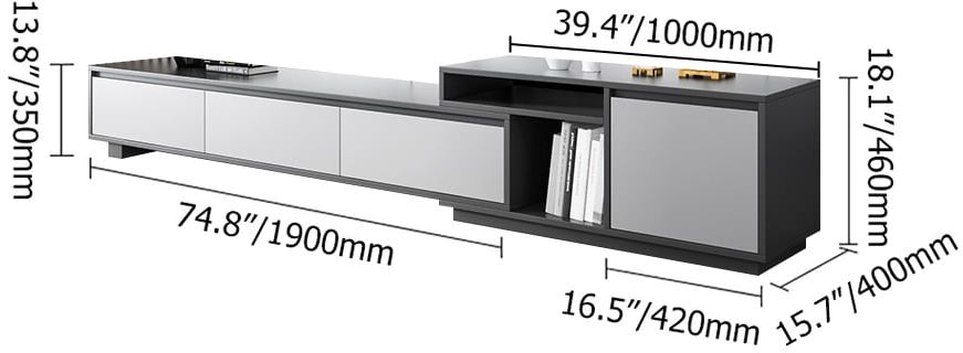 HMR - Modern Black Wood Retracted & Extendable TV Stand with 3-Drawer Up to 120"