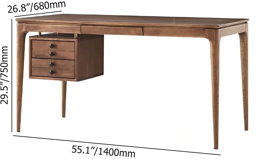 HMR - 55.1" Mid-century Style Walnut Ash Wood Home Office Desk with 3 Drawers